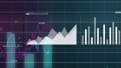 animación de la interfaz con el procesamiento de datos estadísticos contra un fondo de gradiente púrpura.
