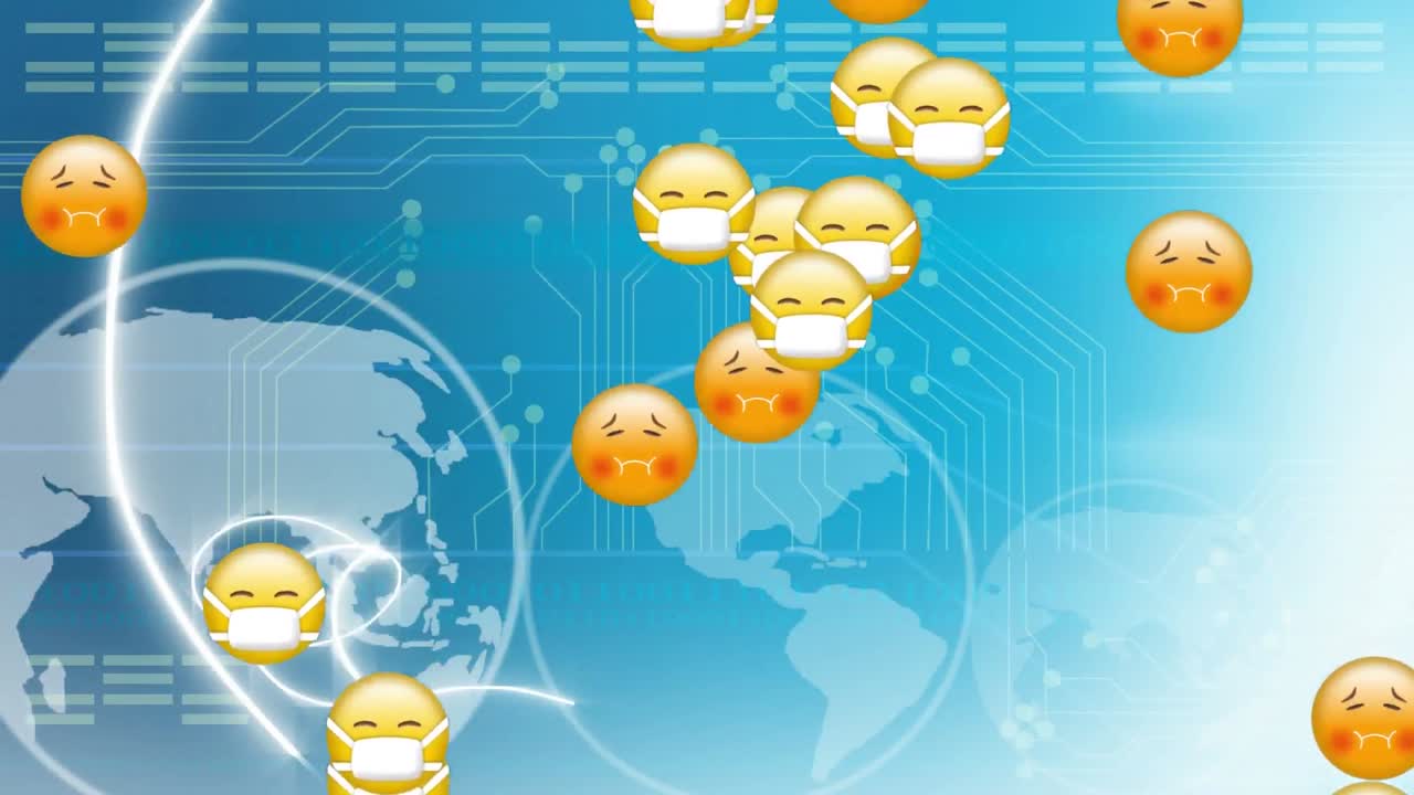 여러 이모티콘 이모티콘의 애니메이션이 지구 위를 날아다니고 회전하고 있습니다.