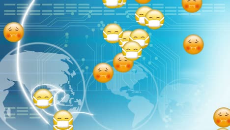 Animation-of-multiple-emoticon-emoji-icons-flying-over-globe-spinning-