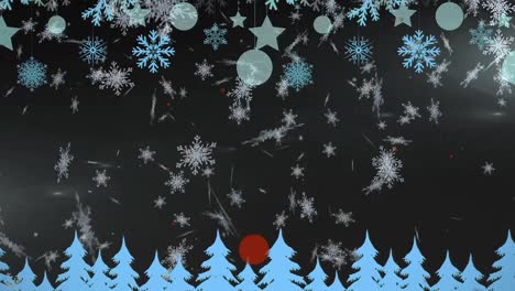 Animation-Von-Schnee,-Der-über-Die-Weihnachtslandschaft-Auf-Blauem-Hintergrund-Fällt