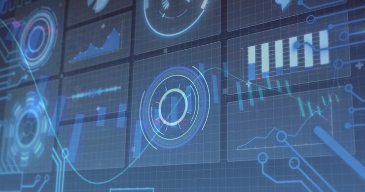 Vertikal video: Starter dataskanning med bevegelige flislagte paneler som oppdateres på et rutenett, med hovedmåleren som roterer.