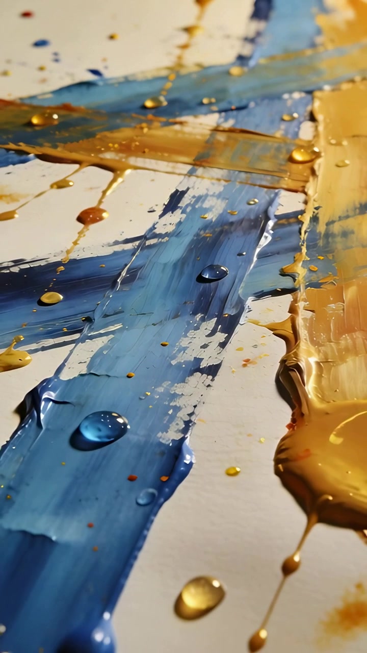 Vídeo vertical: Câmera panorâmica expondo tinta azul e dourada em uma folha branca, com gotas escorrendo e assentando