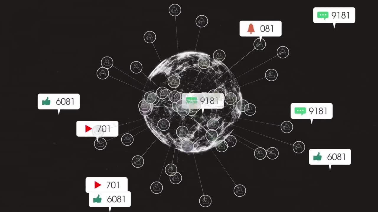 Animation of social media networking icons floating over spinning globe against black background