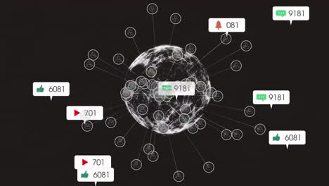 Animación-De-íconos-De-Redes-Sociales-Flotando-Sobre-Un-Globo-Giratorio-Sobre-Fondo-Negro.