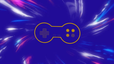 animación de la consola de juegos amarilla sobre un patrón de ondas multicolores contra un fondo azul