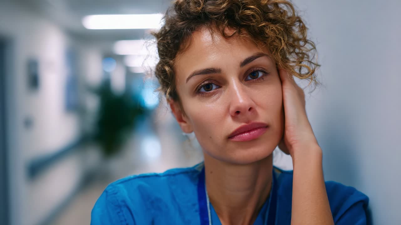 A Pensive Healthcare Professional Reflects on the Challenges of Her Day Between Shifts in a Hospital Corridor, Highlighting the Emotional Toll of Working in Medicine and Patient Care