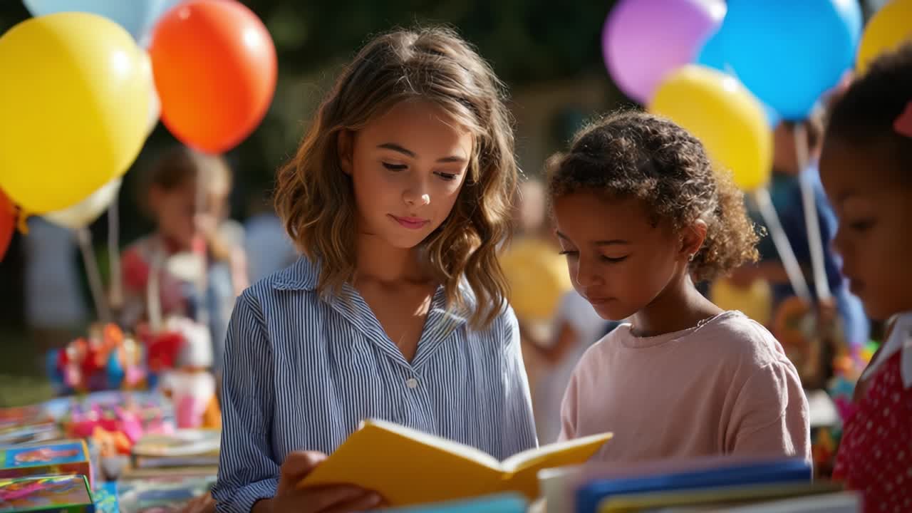 Bambini che si divertono a una fiera del libro con palloncini