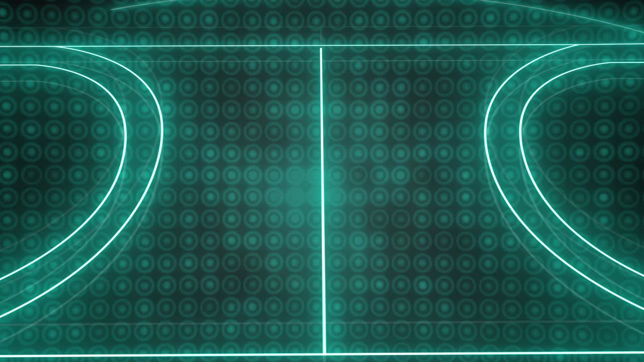 초록색 네온 스포츠 경기장의 애니메이션이 검은색 배경에 줄지어 있는 원 위에 있습니다.