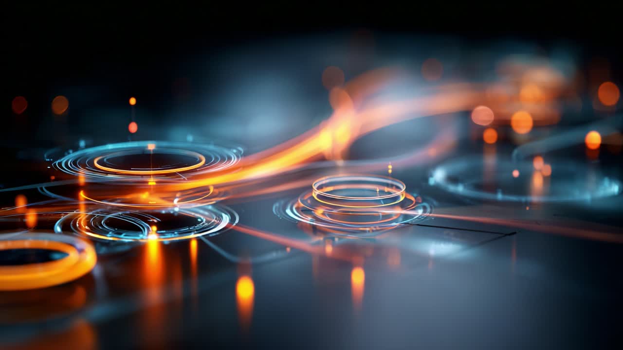 Visually Captivating Digital Abstract with Illuminated Circles and Flowing Light Trails Creating a Futuristic and High-Tech Atmosphere in a Deep Blue Background