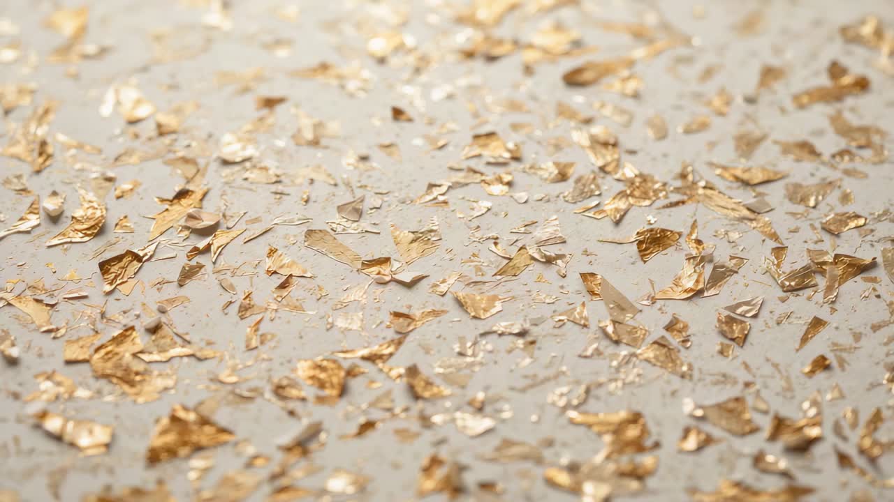 Camera shifting focus right across scattered gold leaf flakes on cream surface, revealing texture