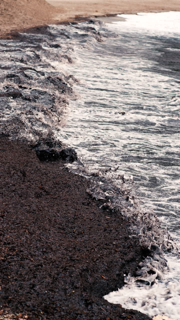 Close up of dark waves crashing onto a muddy shore with foam along the edge. Vertical
