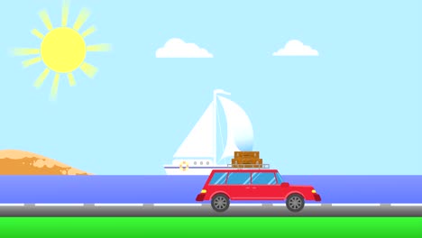 a red car drives along the sea along the highway on a sunny day