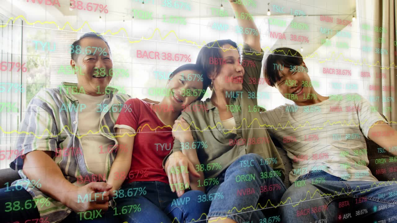 Family group on couch, reacting to animated stock tickers changing color, leaning and celebrating