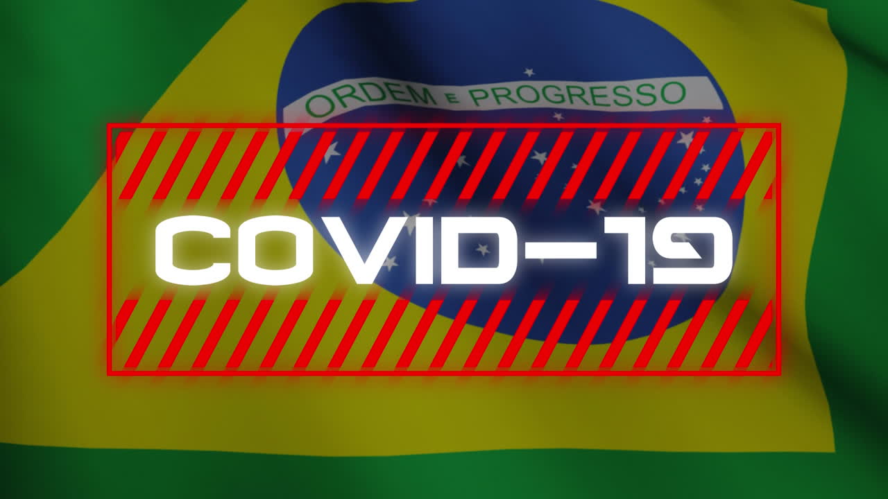 la animación digital muestra "covid-19" en la bandera brasileña, que simboliza la pandemia global.
