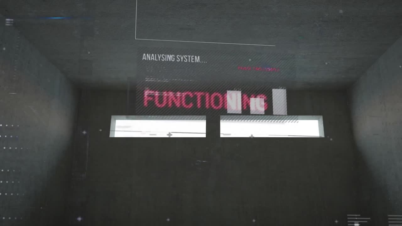 Animation of analysis text and data processing on grey background