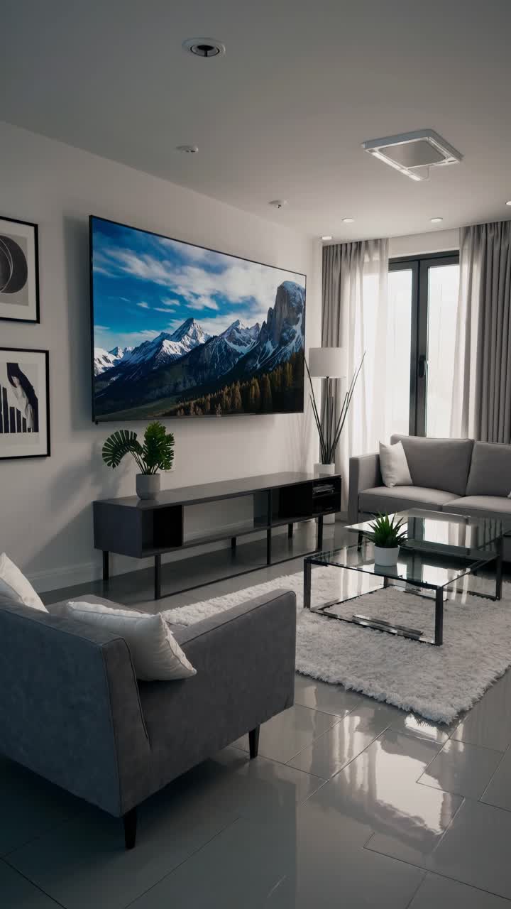 Soggiorno moderno con una grande TV montata a parete che mostra un video di montagna