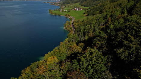 A-Tracking-Aerial-Shot-Of-A-Rustic-View-Of-A-Mountainous-Landscape-By-The-Lake-In-Austria