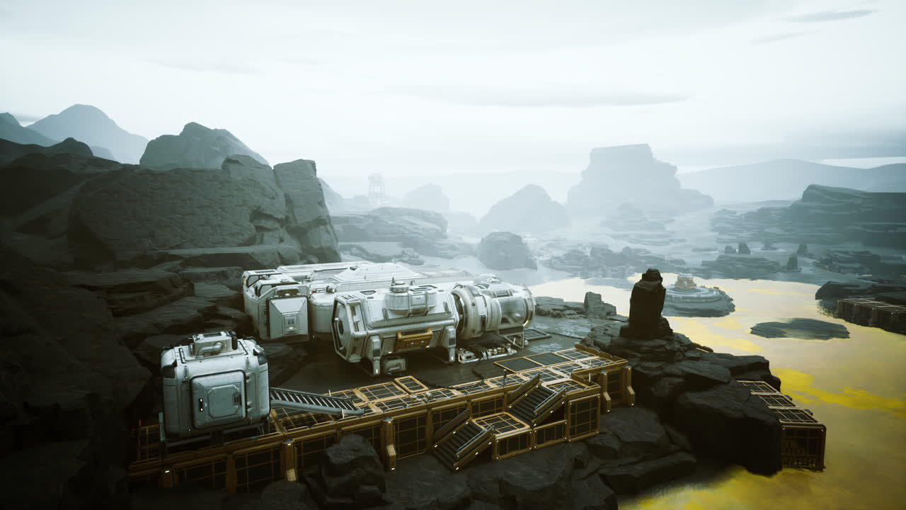 Misty mountains surround metallic mining station with reflective waters