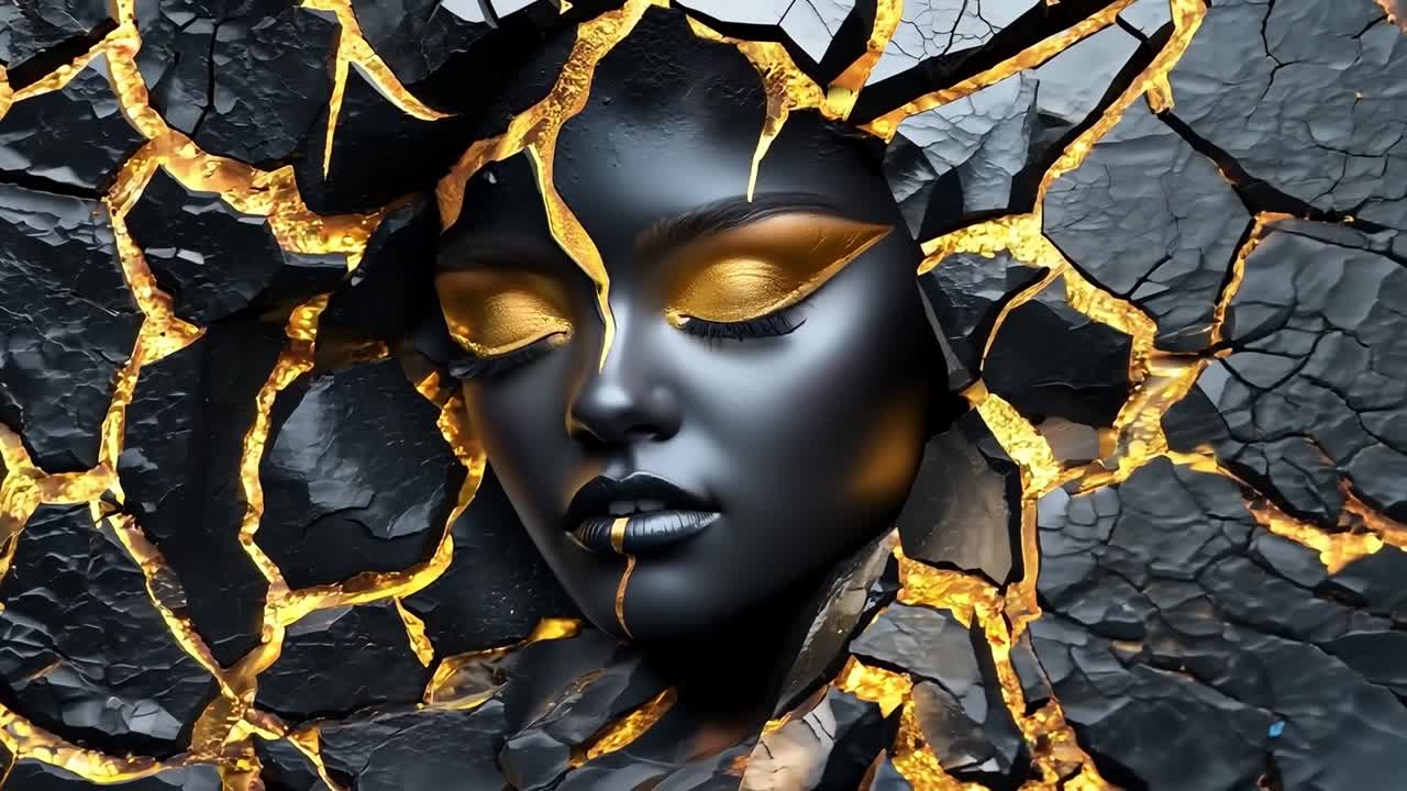 A woman with black and gold makeup laying on a cracked wall