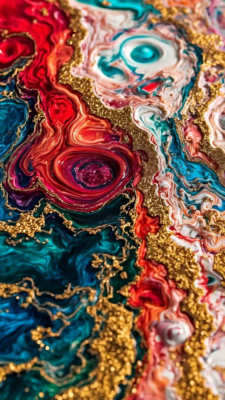 Vibrant Abstract Fluid Art with Gold Glitter