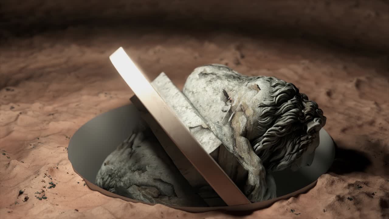 la escultura de un león se da la vuelta en la plataforma. mármol blanco. animación 3d de bucle sin costuras