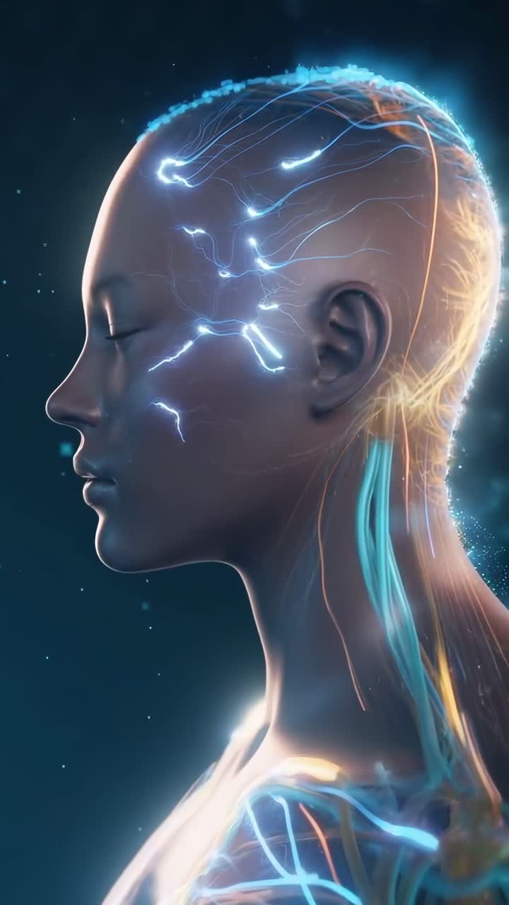 Concetto video futuristico di connessioni neurali, angolazione di profilo laterale, linee luminose su una figura umana