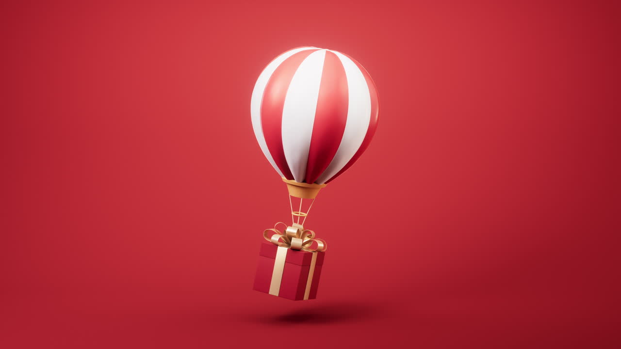 animación en bucle de globo de aire caliente y caja de regalos, renderización en 3d.