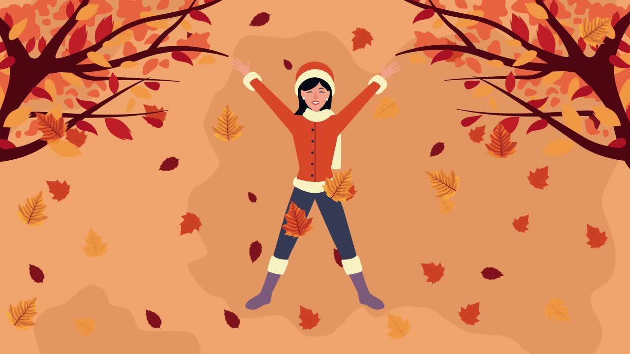 hola animación de otoño con mujer hermosa y escena de hojas