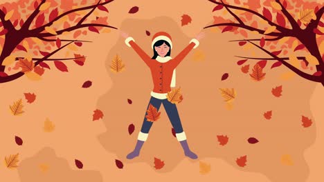 hello autumn animation with beautiful woman and leafs scene