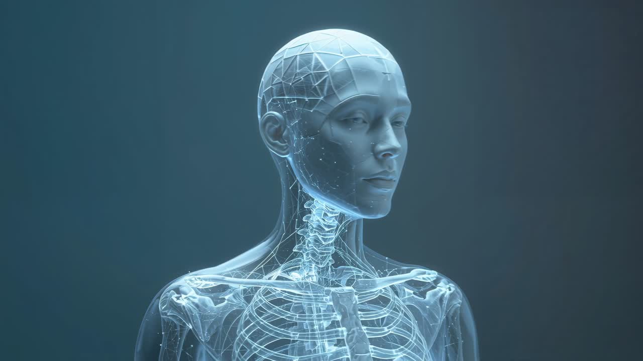 Animación de un modelo humanoide translúcido girando la cabeza en un estudio, revelando la caja torácica y las placas craneales.