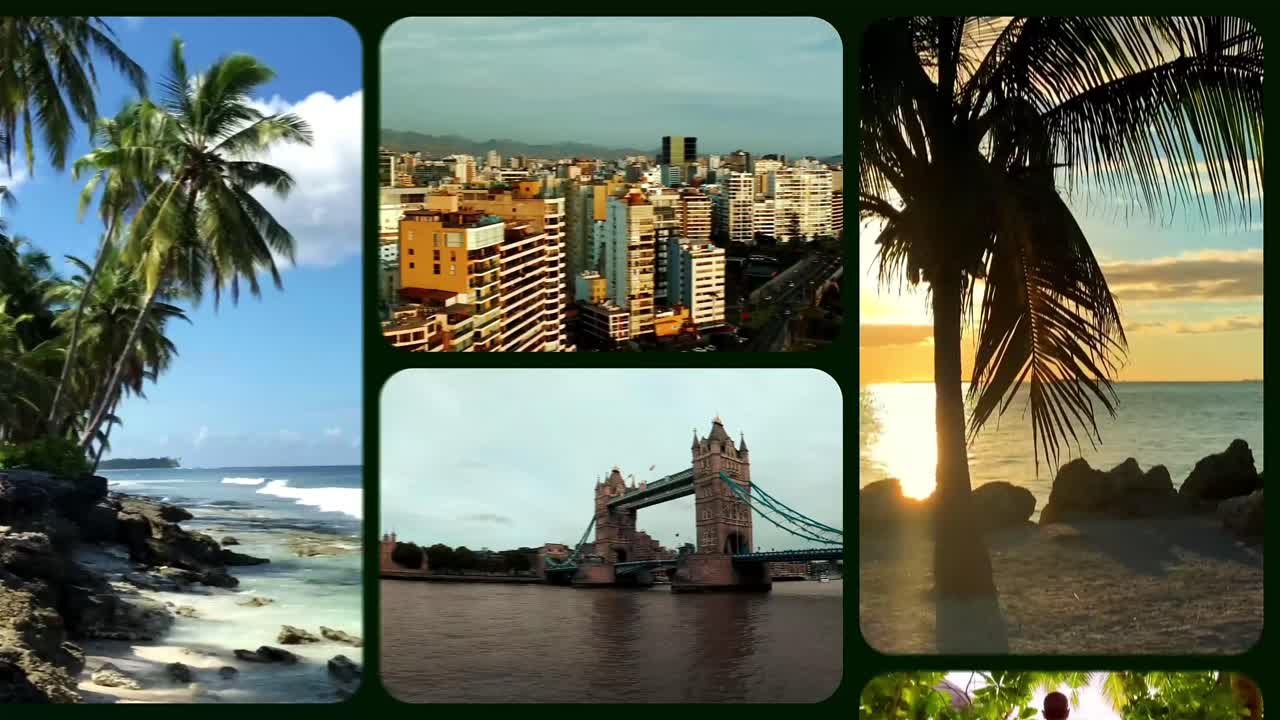 Agradable intro multipantalla con galería a pantalla dividida y tipografía animada para presentaciones dinámicas
