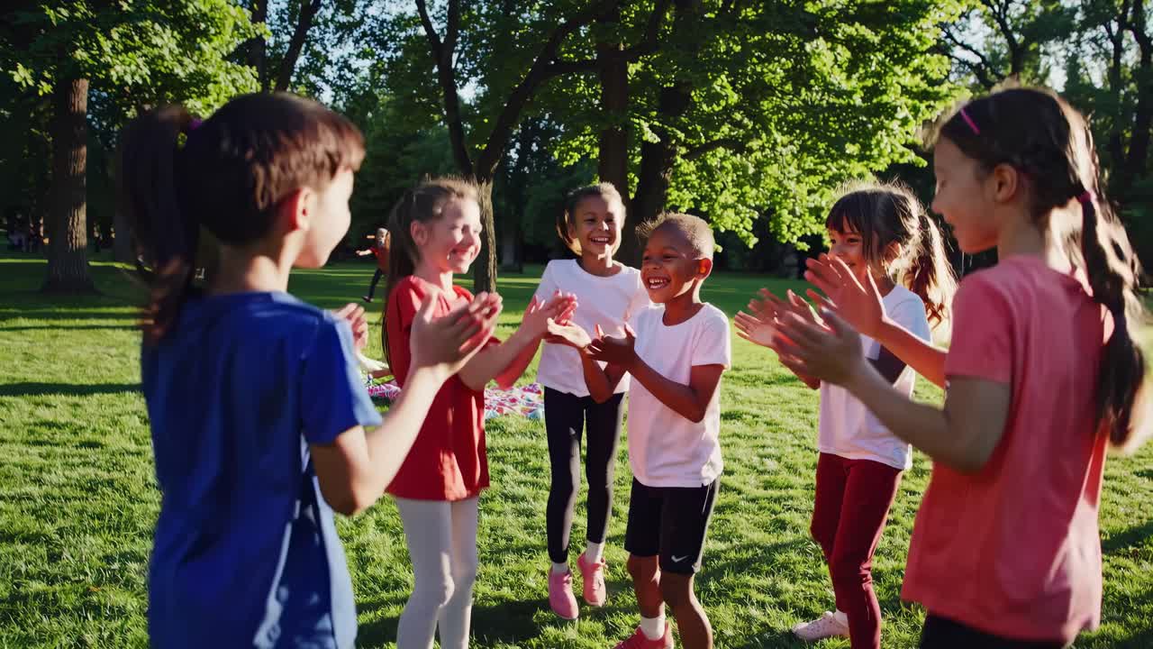 Aerial video captures children playing in a sunlit park, showcasing vibrant greenery and dynamic