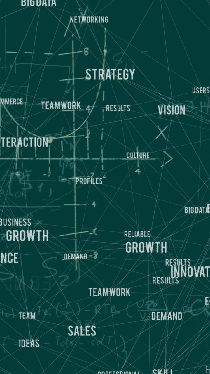 Animation of mathematical equations and globe of business concept icons on green background