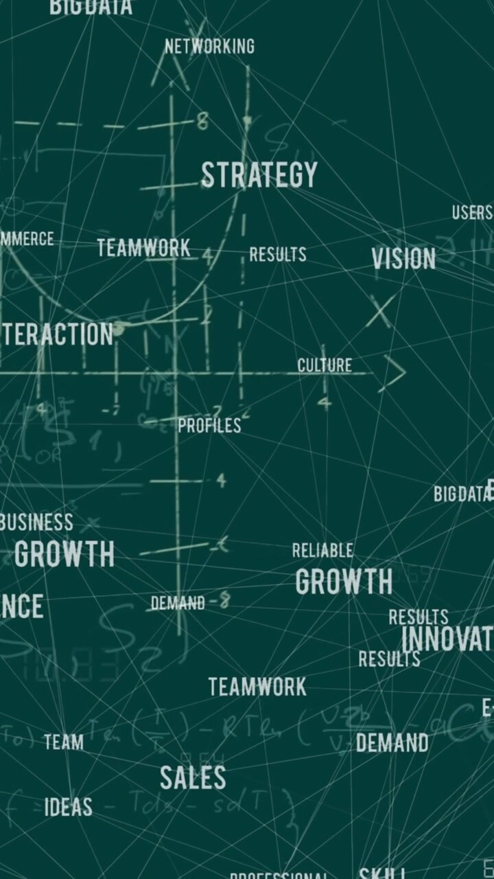Animation of mathematical equations and globe of business concept icons on green background