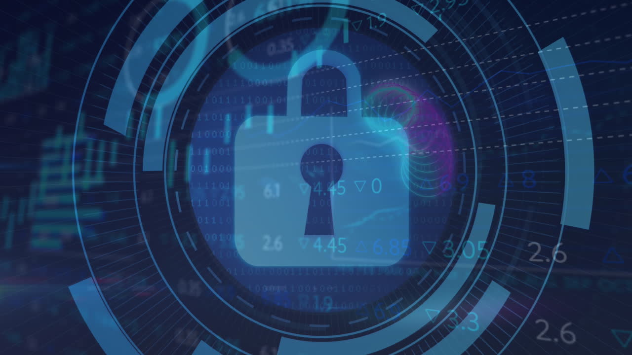 animación del icono del candado de seguridad en el escáner redondo sobre el procesamiento de datos estadísticos del mercado de valores