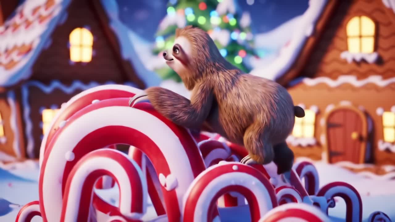 A Charming Sloth Navigates Through a Wonderland of Colorful Candy Canes Amidst a Festive Backdrop of Snowy Houses and Twinkling Holiday Lights