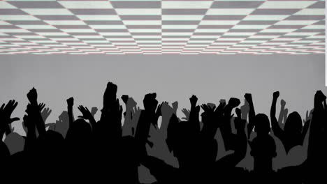 vintage-style crowd silhouette with checkerboard pattern evokes dynamic dance scene.