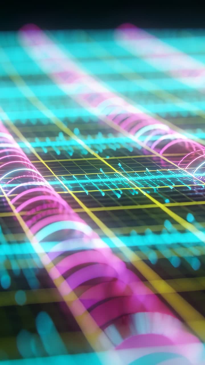 Vertical video: Starting magenta tubes and cyan waves advancing across digital grid creating motion