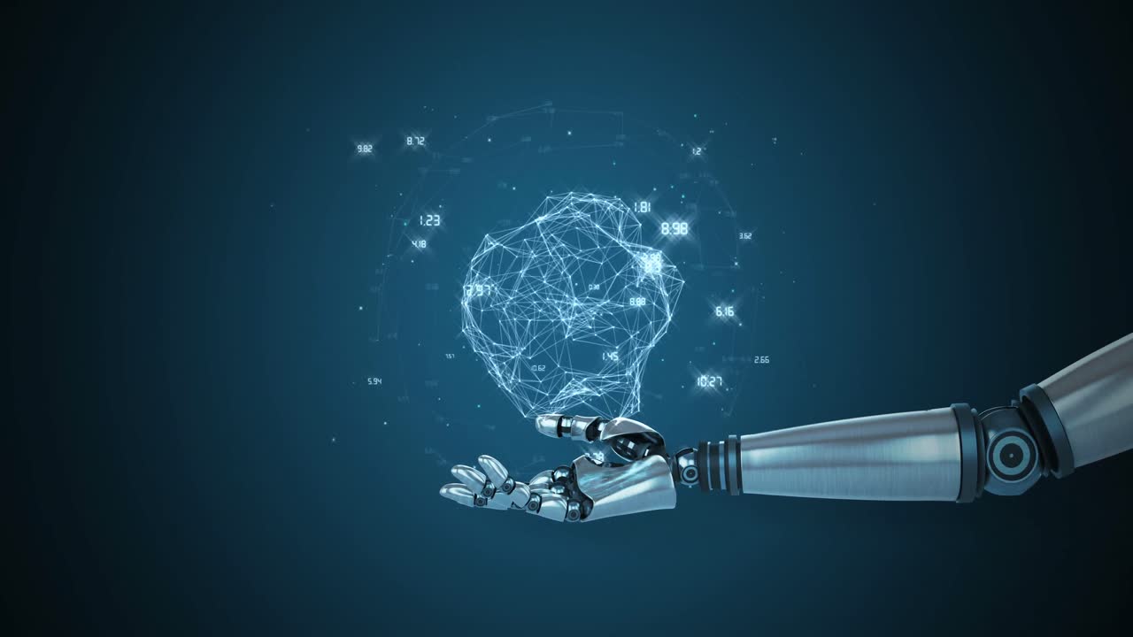 mano robótica que presenta la estructura del polígono contra un fondo azul