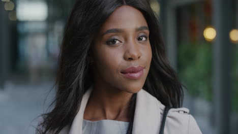 portrait beautiful african american business woman turns head smiling calm independent female enjoying urban lifestyle black feminine beauty slow motion