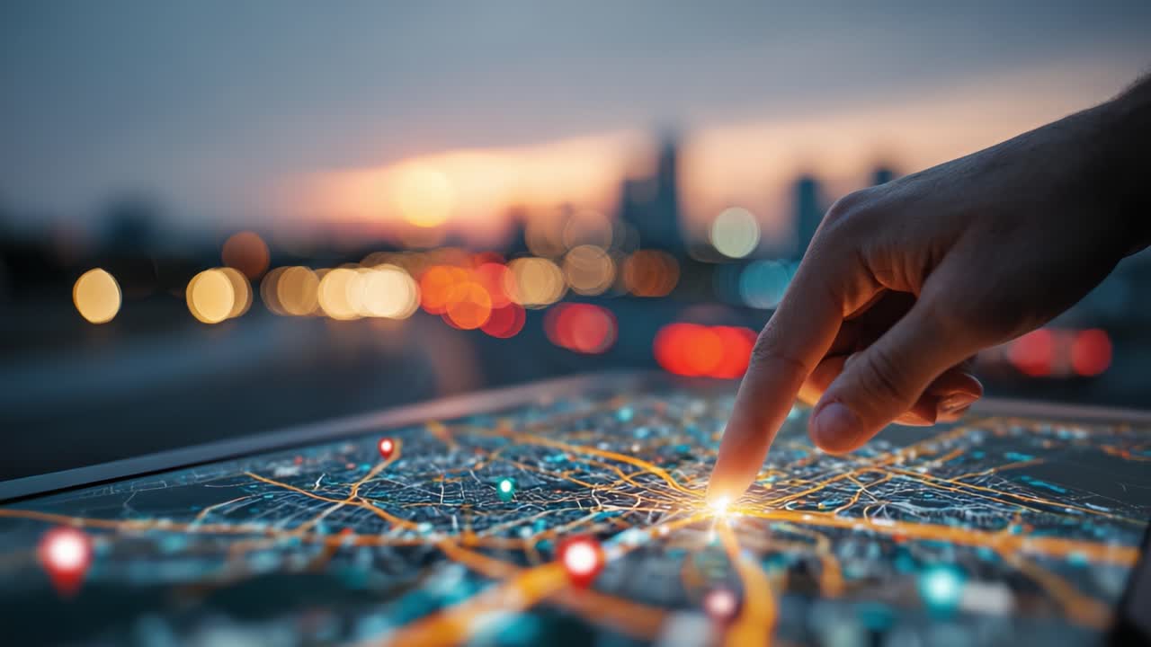Exploring Urban Landscapes: A Close-Up of a Finger Interacting with a Dynamic Digital Map Displaying City Connections and Route Options at Dusk