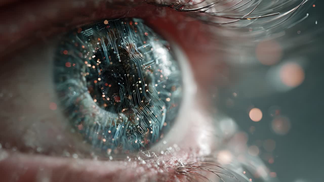 A captivating close-up of a futuristic eye, showcasing intricate neural patterns and vibrant particles, representing the blend of technology and human perception