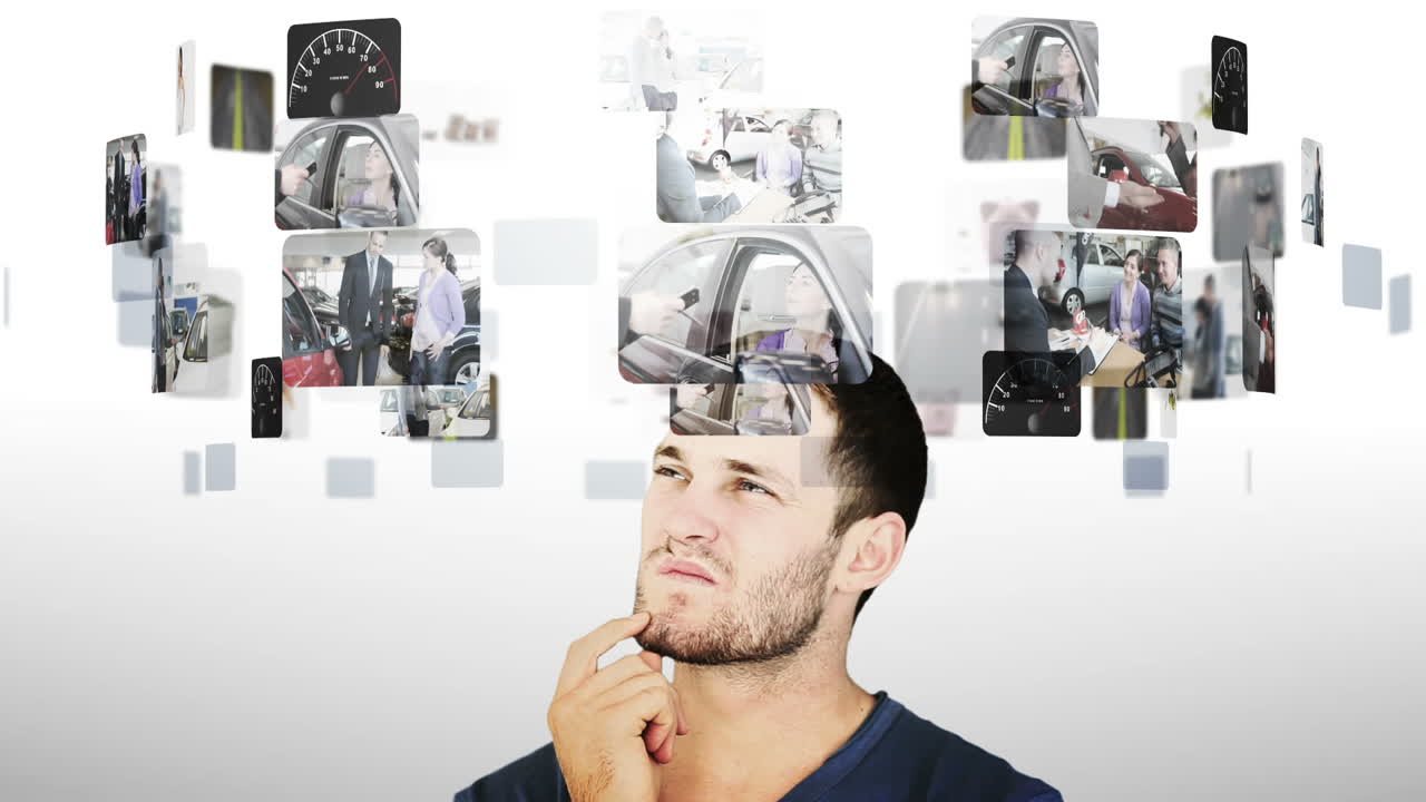 hombre moreno dudando entre videos de coches