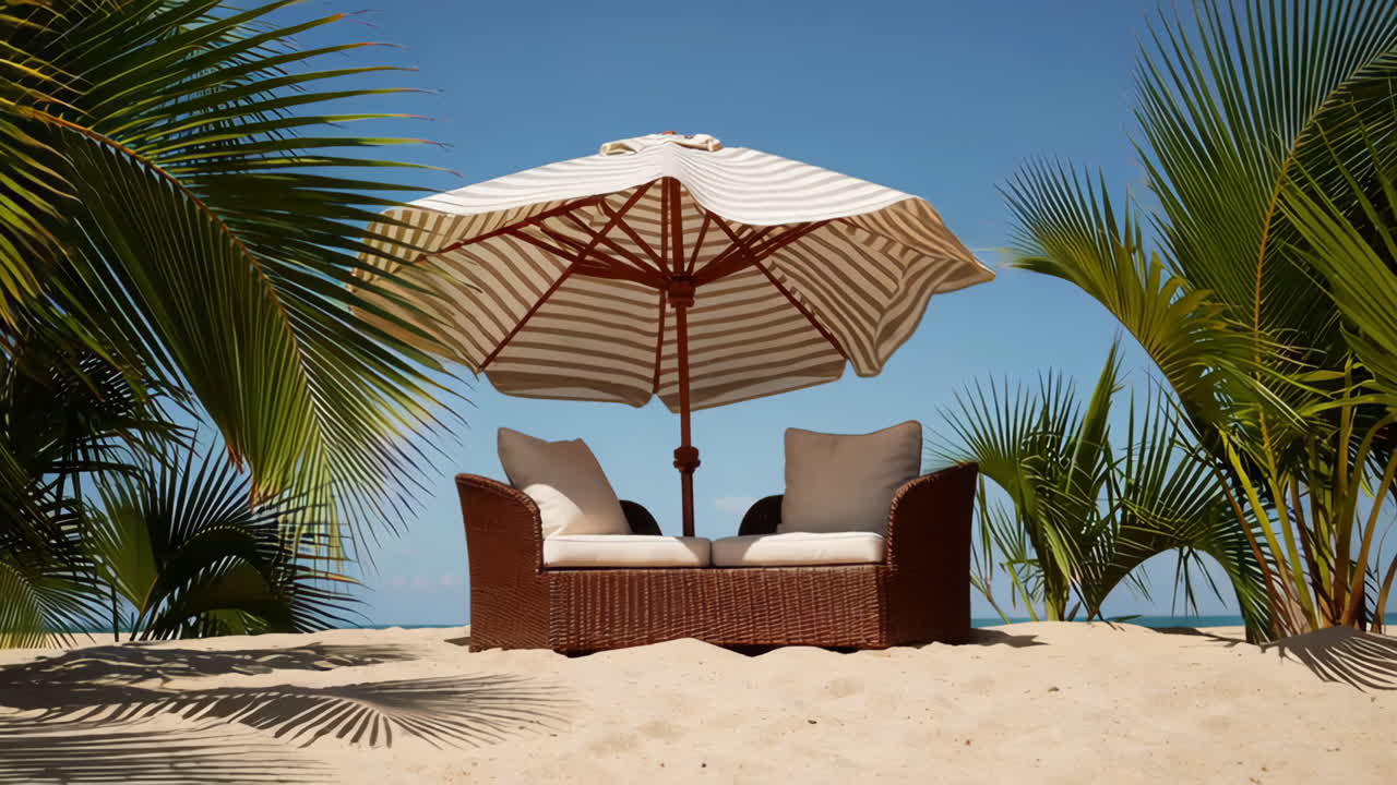 Beach relaxation scene with sofa and umbrella under palm trees