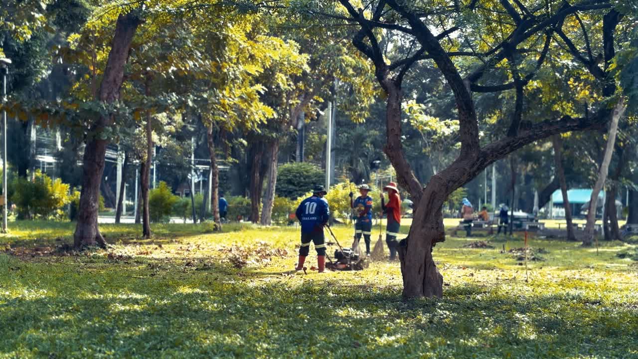 Park Workers Mowing the Lawn on a Sunny Day