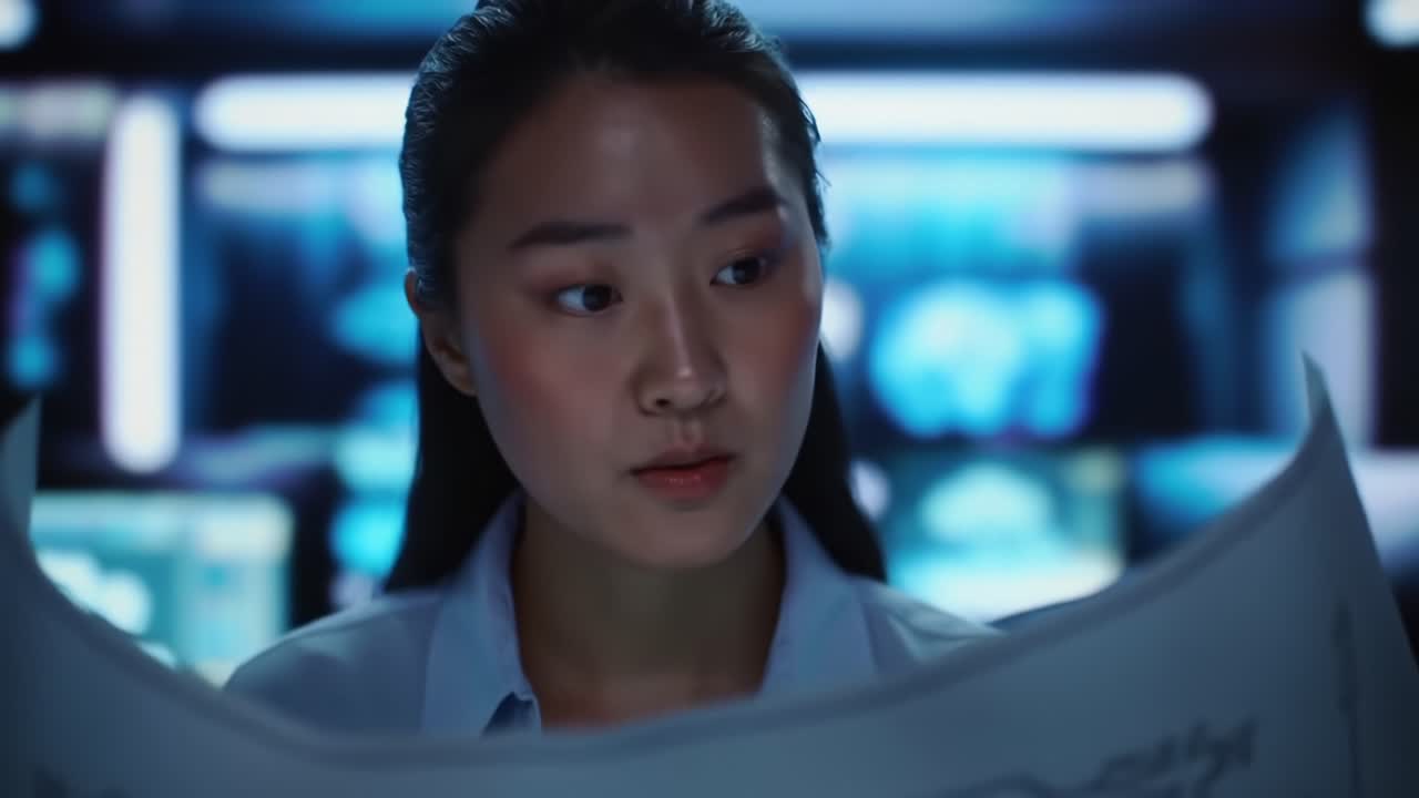 Focused Analysis: A Young Woman Examining a Detailed Blueprint in a High-Tech Setting Under Soft Blue Lighting