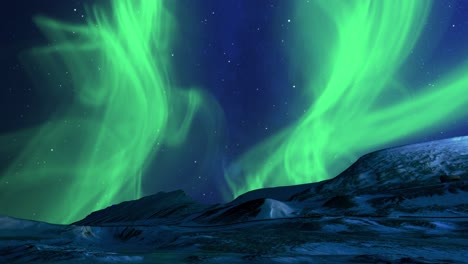 Winter-landscape-of-snowy-mountains-with-starry-night-sky-and-green-polar-lights