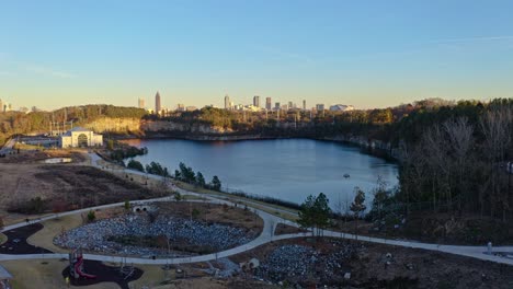 panoramic aerial view of westside reservoir park overlooking downtown atlanta skyline, georgia, usa