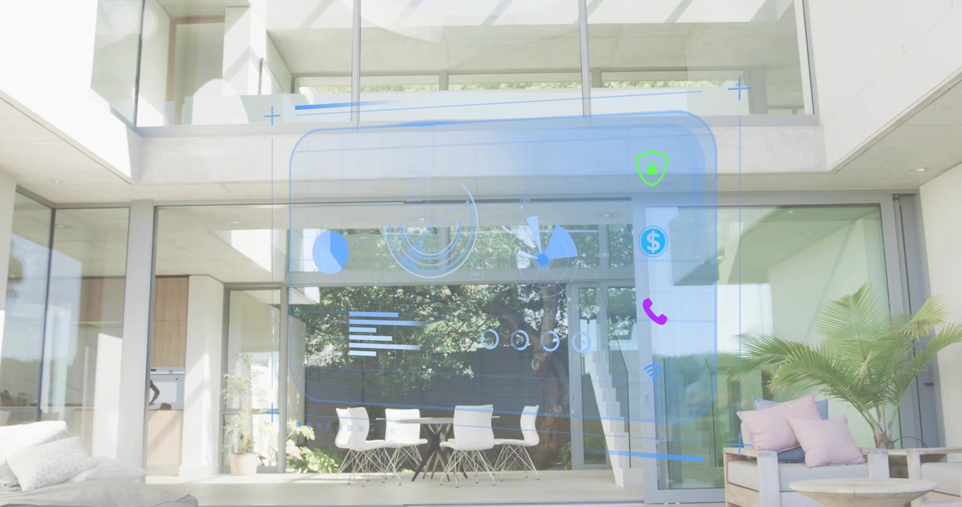 Upon activation holographic panel building with icons and charts animating to show home security