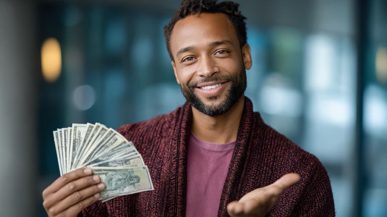 Un giovane uomo sicuro di sé tiene in mano una pila di contanti, mettendo in mostra il suo successo e la sua realizzazione finanziaria mentre sorride e interagisce con il pubblico in modo cordiale